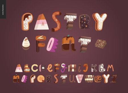 Dessert font - modern flat vector concept digital illustration of temptation font, sweet lettering. Caramel, toffee, biscuit, waffle, cookie, cream and chocolate lettersのイラスト素材