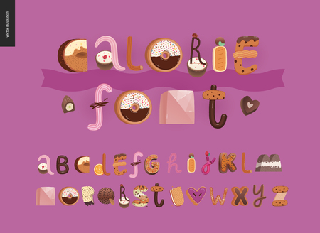 Dessert font - modern flat vector concept digital illustration of temptation font, sweet lettering. Caramel, toffee, biscuit, waffle, cookie, cream and chocolate lettersのイラスト素材