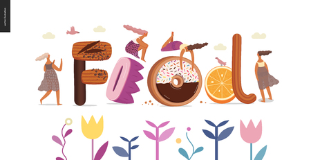 Dessert font - modern flat vector concept digital illustration of temptation font, sweet lettering and girls. Caramel, toffee, biscuit, waffle, cookie, cream and chocolate letters. Lettering Foodのイラスト素材