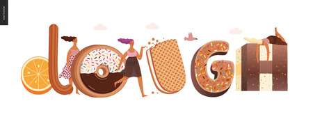 Dessert lettering - Dough - modern flat vector concept digital illustration of temptation font, sweet lettering and girls. Caramel, toffee, biscuit, waffle, cookie, cream and chocolate lettersのイラスト素材