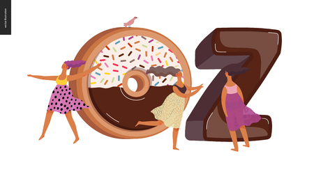 Dessert lettering - Oz - modern flat vector concept digital illustration of temptation font, sweet lettering and girls. Caramel, toffee, biscuit, waffle, cookie, cream and chocolate lettersのイラスト素材