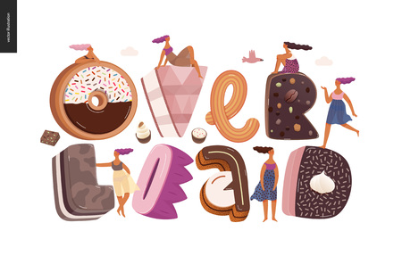 Dessert lettering - Overload - modern flat vector concept digital illustration of temptation font, sweet lettering and girls. Caramel, toffee, biscuit, waffle, cookie, cream and chocolate lettersのイラスト素材