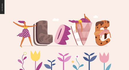 Dessert font - modern flat vector concept digital illustration of temptation font, sweet lettering and girls. Caramel, toffee, biscuit, waffle, cookie, cream and chocolate letters. Lettering Loveのイラスト素材