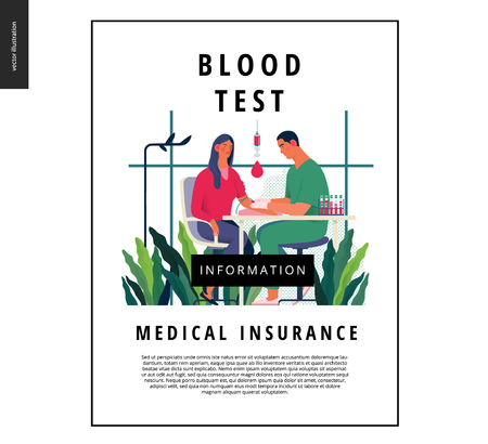 Medical tests template - blood test - modern flat vector concept digital illustration of blood test procedure - a patient and doctor with a syringe and test tubes, the medical office or laboratoryのイラスト素材
