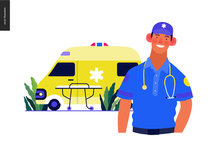 Medical insurance template -ambulance transport and emergency evacuation -modern flat vector concept digital illustration of a male paramedic and ambulance van. Medical service and insuranceのイラスト素材