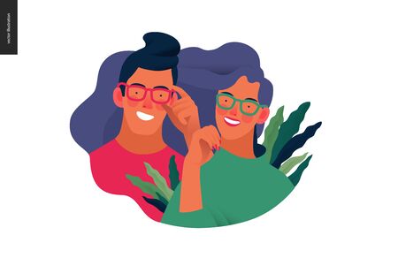 Medical insurance template - opticians shop advertising poster panel - modern flat vector concept digital illustration of a young couple wearing glasses - commercial banner illustrationのイラスト素材