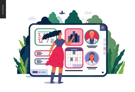 Medical insurance - medical application -modern flat vector concept digital illustration - female user managing the schedule in the hospital application on the tabletのイラスト素材