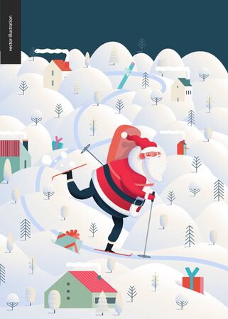 Skiing Santa Claus - Christmas and New Year greeting card - modern flat vector concept illustration of cheerful Santa Claus skiing with a gift bag on the snow-covered landscape with hills, trees and housesのイラスト素材