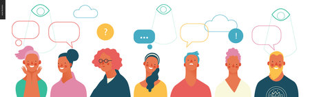 Bright people portraits - young men and women - row of talking people with bubbles above and...