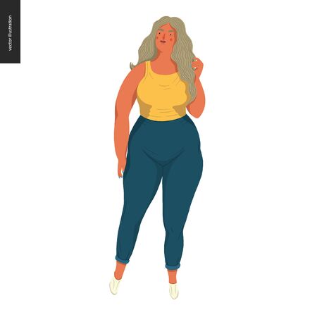 Body positive female portrait - hand drawn flat style vector design concept illustration of a plus size woman, full figure. Flat style vector iconのイラスト素材