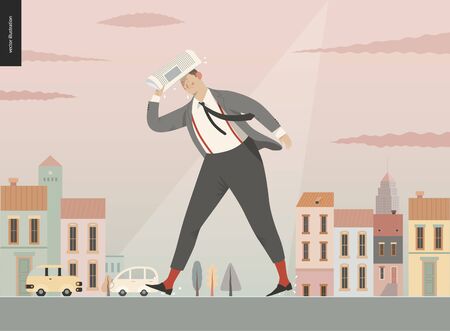 Rain - running businessman -modern flat vector concept illustration of an adult man wearing suit and tie, with a newspaper, running under the rain in the street, in front of city houses and cars.のイラスト素材