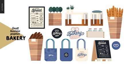 Bakery -small business illustrations -decoration elements - modern flat vector concept illustration of various interior shop elements, bread baskets, branded bags, stand, menu, logo - constructor setのイラスト素材