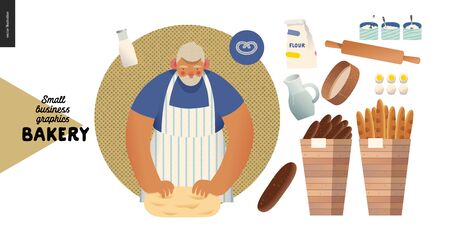 Bakery -small business illustrations -baker and bread - modern flat vector concept illustration of a baker kneading the dough. Weat, rye bread, loaf, grain, pretzel, bun, roll, french baguetteのイラスト素材