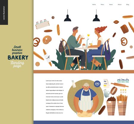 Bakery -small business illustrations -landing page design template -modern flat vector concept illustration of bread shop web page design -cafe visitors at the table, baker, breadのイラスト素材