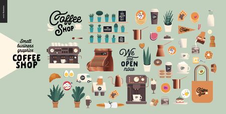 Coffee shop -small business illustrations -constructor set - modern flat vector concept illustration of various coffee cups and mugs, interior decoration, logo, pastry, coffee maker- constructor setのイラスト素材