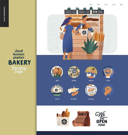 Bakery -small business illustrations -landing page design template -modern flat vector concept illustration of bread shop web page design -vendor and bayer, icons, cash register, breadのイラスト素材