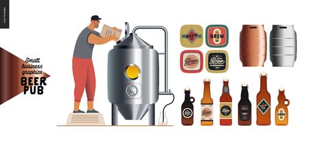 Brewery, craft beer pub -small business graphics - brewing process and some beer elements -modern flat vector concept illustrations -draught beer tank and brewer, beer bottles, mats and casksのイラスト素材