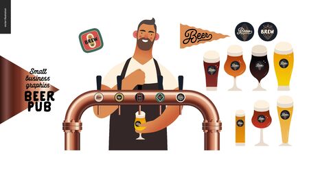 Brewery, craft beer pub -small business graphics -male visitor at the bar countera bartender-modern flat vector concept illustrations -young man pouring beer from the beer tower. Pub elementsのイラスト素材
