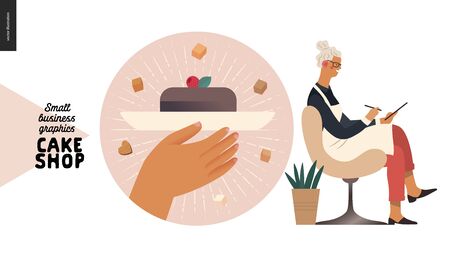 Cake shop, cakes on demand - small business graphics - blog icon -modern flat vector concept illustrations - a round badge with a slice of cake, the owner wearing apron accepting order filling in formのイラスト素材