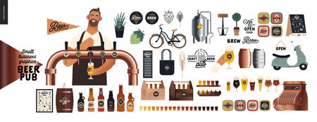 Brewery, craft beer pub -small business graphics -male visitor at the bar countera bartender-modern flat vector concept illustrations -young man pouring beer from the beer tower. Brewery elementsのイラスト素材