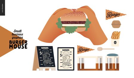 Burger house -small business graphics - restaurant elements -modern flat vector concept illustrations -two hands holding a cheeseburger, pavement sign, menu poster, furniture, take away, flagのイラスト素材