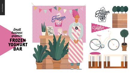 Frozen yoghurt bar - small business graphics - shop owner -modern flat vector concept illustrations - smiling woman wearing striped apron at the counter, bicycle, flag, logo, plants, table, chairのイラスト素材