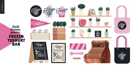 Frozen yoghurt bar - small business graphics - shop elements -modern flat vector concept illustrations - pavement stand, logo, blackboard, branded bag, menu, table, plants, posters, cash registerのイラスト素材