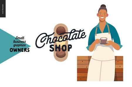 Chocolate shop -small business owners graphics -owner with a cup. Modern flat vector concept illustrations - young woman wearing white apron, standing at the wooden counter.のイラスト素材