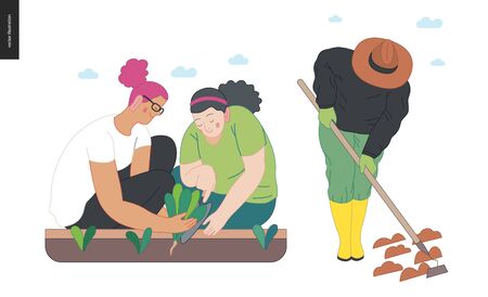Gardening people set, spring - modern flat vector concept illustration of two young women sitting on the ground in squatting position planting, a woman working with hoe. Spring gardening conceptのイラスト素材