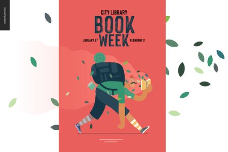 In the wood -world Book Day poster template -book week events. Modern flat vector concept illustrations of reading people -man with mustache, cap, snickers and backpack in the forest reading a bookのイラスト素材