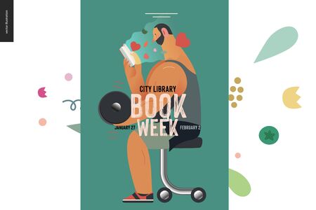 Weight lifting poster design template -World Book Day graphics -book week events. Modern flat vector concept illustrations of reading people -a brunette man lifting a dumbbell, reading a romance novelのイラスト素材