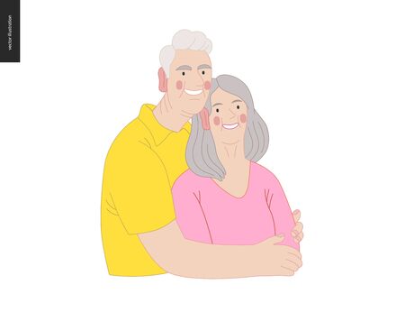 Medical insurance -senior citizen health plan -modern flat vector concept digital illustration of a happy elderly couple, standing embraced together holding their hands. Medical insurance plan.のイラスト素材