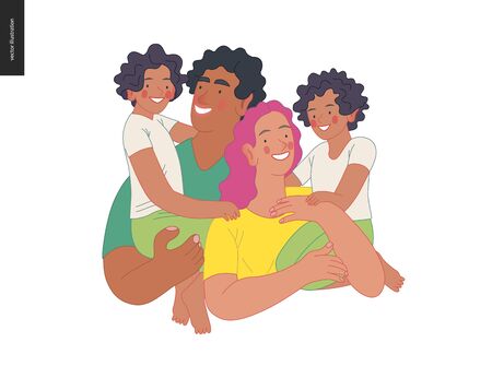 Happy international family with kids -family health and wellness -modern flat vector concept digital illustration of a happy family of parents and children, family medical insurance planのイラスト素材