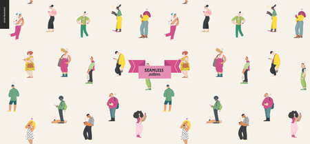 Waiting in line, seamless pattern - modern flat vector concept illustration of a young men a women standing in line with smartphones. Multicultural, multilingual people, diversity conceptのイラスト素材