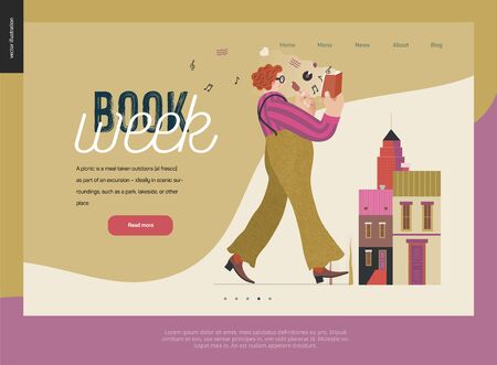 World Book Day web design template graphics -book week events. Modern flat vector concept illustrations of reading people -a red-haired man wearing vinatge, walking, eating ice cream, reading bookのイラスト素材