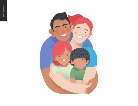 Happy international family with kids -family health and wellness -modern flat vector concept digital illustration of a happy family of parents and children, family medical insurance planのイラスト素材