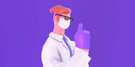 3D cartoon character. Attention. Doctor of medicine, insurance template -modern 3D illustration. Young bearded man wearing mask, glasses, medical coat, tie, pointing wearing latex gloves, holding folderの写真素材