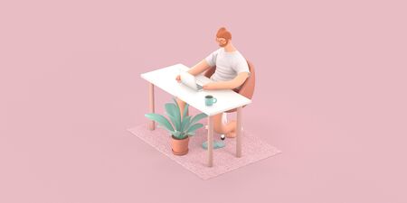 Home Office 3D render -modern concept digital illustration home office quarantine metaphor, a cartoon character, guy working at home sitting at the desk with a laptop. Creative landing web page headerの写真素材