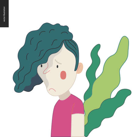 Bright characters portraits - hand drawn flat style vector design concept illustration of a sad teenage green-haired boy, face and shoulders avatar. Flat style vector iconのイラスト素材