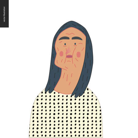 Bright characters portraits - hand drawn flat style vector design concept illustration of an adult brunette woman, face and shoulders avatar. Flat style vector iconのイラスト素材