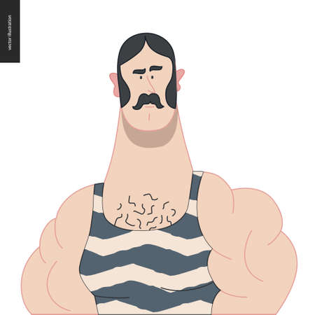 Bright characters portraits - hand drawn flat style vector design concept illustration of a young muscular moustached man, wering retro gym body suit -face and shoulders avatar. Flat style vector iconのイラスト素材