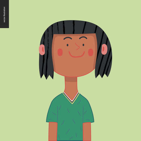 Bright characters portraits - hand drawn flat style vector design concept illustration of a smiling brunette girl, face and shoulders avatar. Flat style vector iconのイラスト素材