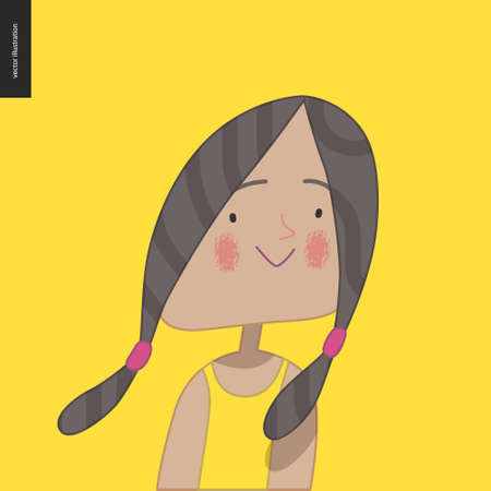 Bright characters portraits - hand drawn flat style vector design concept illustration of a smiling little girl wearing yellow, face and shoulders avatar. Flat style vector iconのイラスト素材