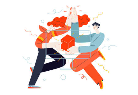 Business topics - project communication. Flat style modern outlined vector concept illustration. A young man and woman giving five, holding a box together. Business metaphor.のイラスト素材