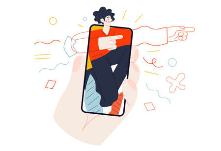Business topics - mobile application. Flat style modern outlined vector concept illustration. A hand holding a smartphone with a young man inside, pointing the direction. Business metaphor.のイラスト素材