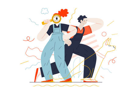 Business topics - search. Flat style modern outlined vector concept illustration. Young man looking forward and a woman with a magnifying glass looking through it. Business metaphor.のイラスト素材