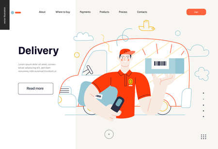 Business topics - shipping, web template. Flat style modern outlined vector concept illustration. A young man, delivery guy holding a parcel with barcode. Delivery truck behind. Business metaphor.のイラスト素材