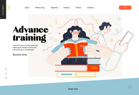 Business topics - advance training, education, skill development, web template. Flat style modern outlined vector concept illustration. Man and woman reading books. Business metaphor.のイラスト素材