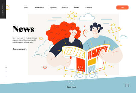 Business topics - news, web template, header. Flat style modern outlined vector concept illustration. A couple, man and woman reading a newspaper together. Business metaphor.のイラスト素材
