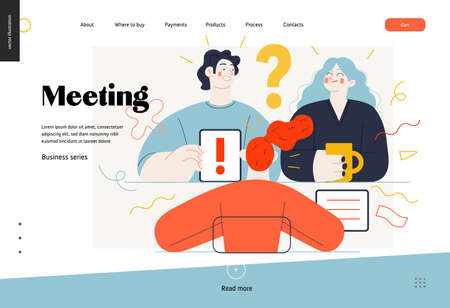 Business topics -meeting, web template, header. Flat style modern outlined vector concept illustration. People discussing a project. Tablet, question and exclamation marks, FAQ. Business metaphorのイラスト素材